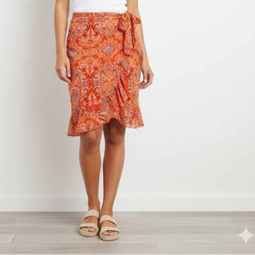 As✨ HARLOW ROSE Women’s Orange Paisley One-Shoulder Wrap Skirt 🌸 Boho Vacation❤️